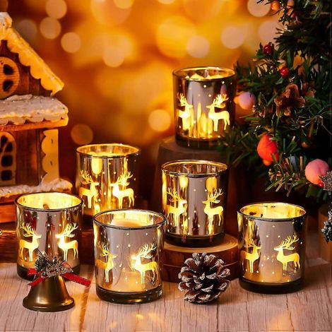Ensemble de 6 bougeoirs de Noël en verre doré et argenté, 8,1 cm (style élan), pour centre de table de fête de Noël (1/5)