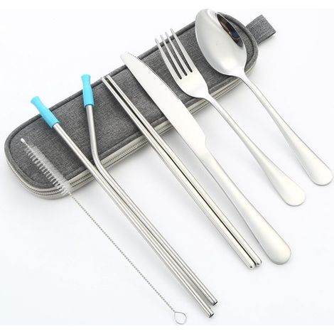 Juego de cubiertos de viaje reutilizables de acero inoxidable 8 en 1 con estuche: cuchillo, tenedor, cuchara, Portátil y de color plateado (1/5)
