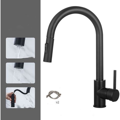 Robinet Cuisine Noir, Mitigeur Cuisine avec Douchette Extractible 2 Modes de Pulvérisation, et Froid en Acier Inoxydable (1/4)