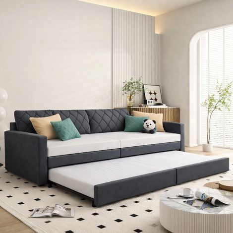 Canapé-lit gigogne extensible 90x190 cm, lit de jour convertible 2 places en velours gris, 2 sommiers à lattes sur roulettes pour salon chambre