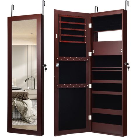 Mobiletto portagioie da parete 37 x 9 x 119 cm con specchio e 12 luci LED design moderno in MDF marrone 200010339