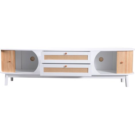 Mobile TV bianco e legno in MDF con ante e cassetti, 170 x 39,5 x 46 cm (1/5)