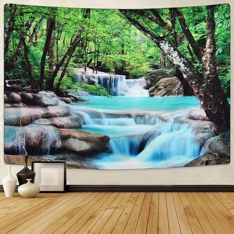 Tapisserie d'arbre, tapisserie de cascade, tapisserie de forêt à suspendre au mur, tapisserie naturelle, tapisserie de rivière en pierre pour chambre (59,1 × 59,1 ʺ/ 150 cm × 150 cm)