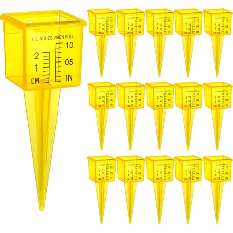 Juego de 15 pluviómetros de 3,5 cm con amplia abertura, herramienta para medir el agua en césped, jardín y patio, color amarillo brillante, transparentes, de cero a 0,6 cm desde la base. (1/5)
