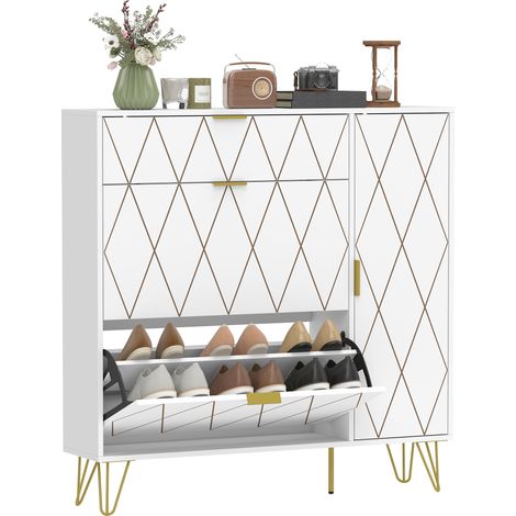 HOMCOM zapatero estrecho con 2 cajones abatibles, mueble zapatero con armario y estantes ajustables, 10-14 pares de zapatos, 110x25x110,6 cm, blanco