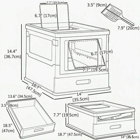 Poubelle pour chat fermée à entrée supérieure avec pelle, bac et ouverture frontale pliable, grise (1/5)