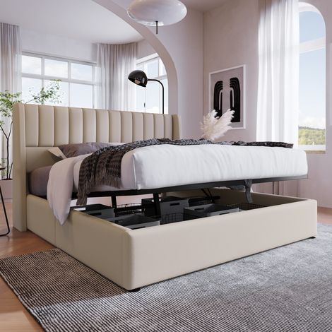 Lit coffre 160x200cm – Lit double– Lit capitonné – Tête de lit rembourrée – Sommier lattes – Structure bois et métal– Lin beige (1/5)