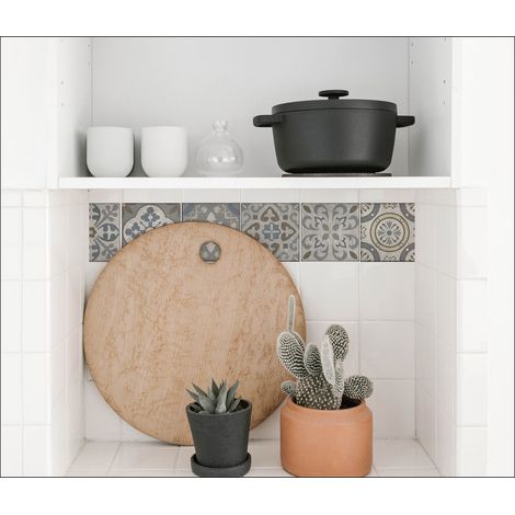 Sticker adhésif carrelage borgatella x4, 15 cm X 15 cm, motif carreaux de ciment ancien, gris et marron, pour homestaging et décoration intérieure (1/3)
