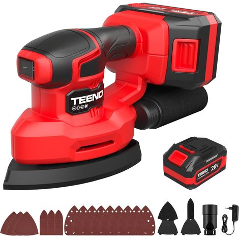 TEENO Ponceuse multifonction sans fil 20 V 3-en-1, 125MM, batterie 4,0 Ah, 13000 tr/min, Ponceuse Triangulaire, 15 Feuilles de Papier Abrasif, ,Ponceuse de détail avec sac de Collecte de Poussière (1/5)
