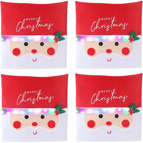 Lot de 4 Housse de Chaise Noël avec Lumières LED, Decoration Chaise Noël Extensible réutilisable, Dossier Chaise Universelle avec Motif Père Noël, pour Salle à Manger, Cuisine, Hôtel, Fête,- Lefou (1/5)