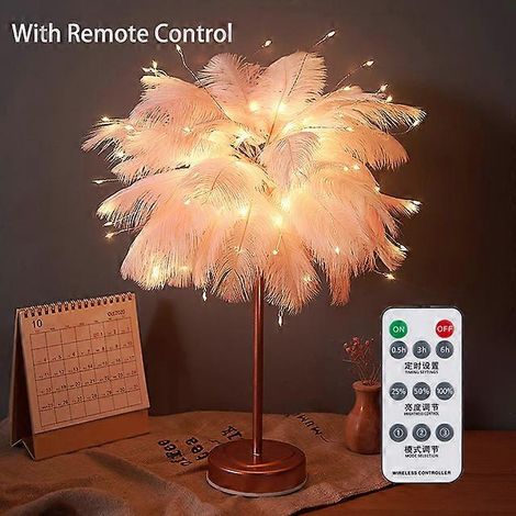 Lampe de table créative en plumes avec télécommande USB/AA, abat-jour en plumes d'arbre, veilleuse d'anniversaire, rose (1/3)