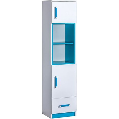 Étagère Sorviru 104, Blanc + Turquoise, Avec tiroirs, Avec des portes, Fermé, Stratifié, Le nombre de portes: 2, Nombre de tiroirs: 1, 189x45x40cm