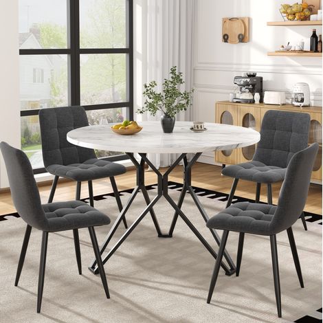 MEUBLIV Set tavolo da pranzo rotondo 100 cm con 4 sedie in lino grigio finitura marmo (1/5)
