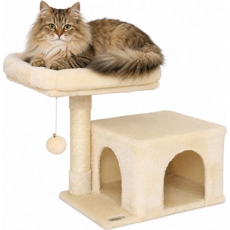 lionto Kratzbaum 50 cm, platzsparender Katzenkratzbaum mit Plüschbezug, Spielball & Sisalstange, für Kitten & Jungtiere, beige (1/5)