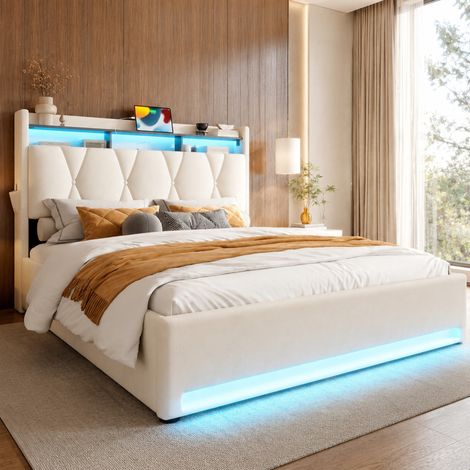 Lit coffre 160x200 cm en velours beige, LED et USB, gain de place pour chambre – MEUBLIV (1/5)