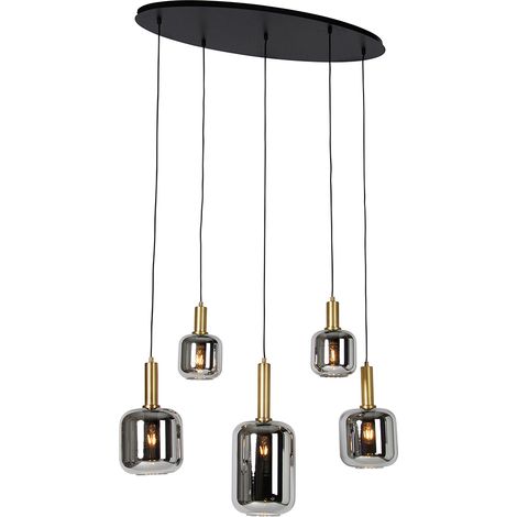 Smarte Pendelleuchte Schwarz mit Gold und Rauchglas Oval 5-Licht inkl. 5 Wifi G95 - Zuzanna