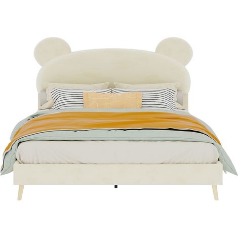 Lit enfant 140x200 cm rembourré beige avec tête de lit peluche à oreilles d’ours et matelas à ressorts ensachés inclus, design minimaliste - CHICFURN (1/5)