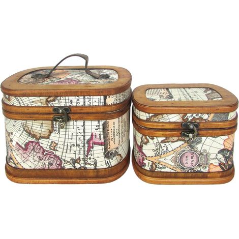 Set mit 2 Beauty Boxen mit alter Weltkarte aus Holz 23 cm (1/5)