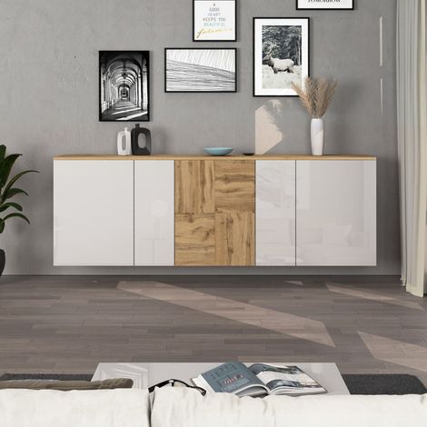 WHOUS Credenza sospesa Iseo con 5 ante e 10 scomparti interni bianco lucido e rovere 200x35x70 cm (1/5)