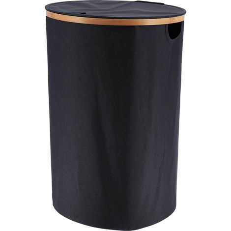 Runder faltbarer wäschekorb mit deckel aus polyester mit bambusumreifung - schwarz bambus - Tendance
