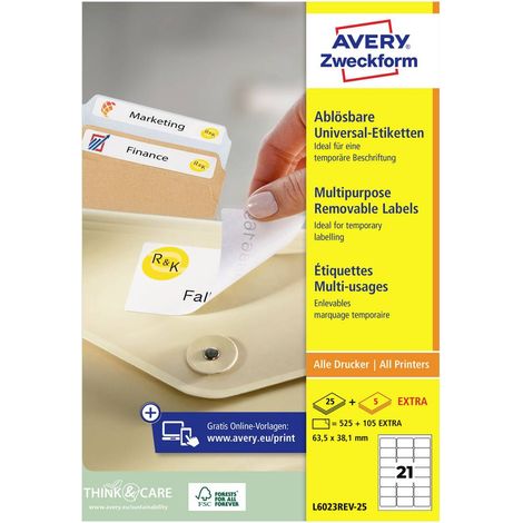 Avery-Zweckform L6023REV-25 Etichetta universale 63.5 x 38.1 mm Carta Bianco 630 pz. Staccabile Stampante a getto d'inc (1/5)