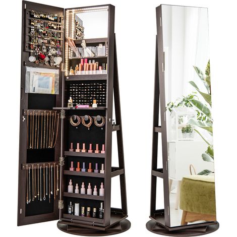Armoire à bijoux marron avec miroir et éclairage LED 3 couleurs, rangement rotatif à 360 et serrure pour chambre et dressing (1/5)
