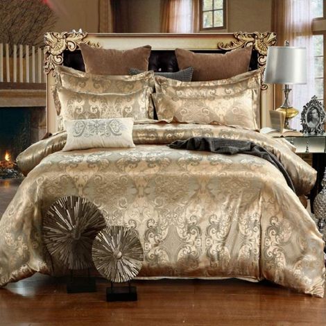 Bettwäsche 155x220 cm Gold Satin Wendebettwäsche Jacquard mit Blumenmuster, 3-teiliges Set