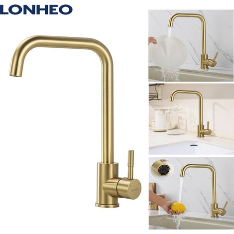 Lonheo Grifo de cocina de Acero inoxidable Dorado,  Grifo Cocina Giratorio a 360° Grifo de Fregadero con Aireador desmontable, Monomando Grifería de Mezclador para Agua caliente y fría (1/5)