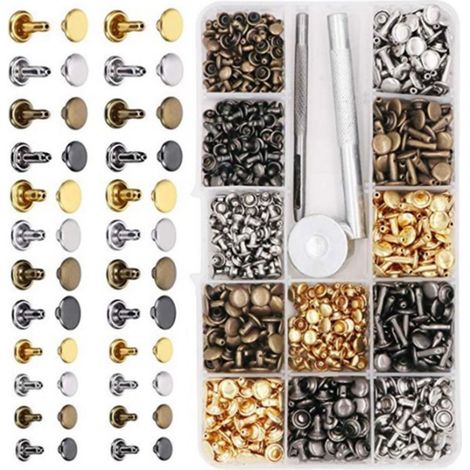 Assortiment de rivets double face, goujons métalliques, vis et outils de perforation inclus (4 couleurs). (1/5)