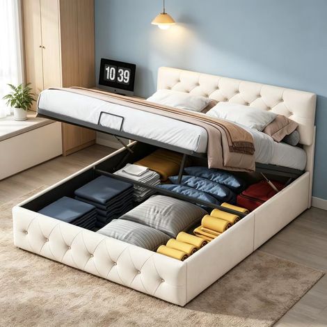 Lit double 160×200cm, lit coffre avec tête de lit rembourrée, lit capitonnée avec espace de rangement, sommier à lattes, lit adulte, Velours, Beige (1/5)
