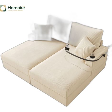 Canapé en velours côtelé beige avec port USB et accoudoirs 163 x 140 x 82 cm HOMAIRE (1/5)