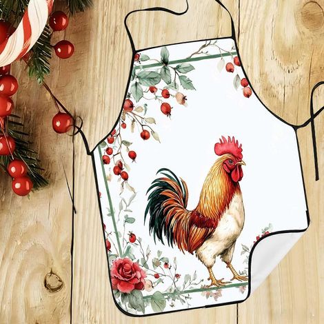 1pc Vintage Farmhouse Rooster Rose Berry Print Apron  For Outdoor Gardening Indoor Kitchen Baking  Christmas Holiday Gift for Farmhouse Style Lovers (1/4)