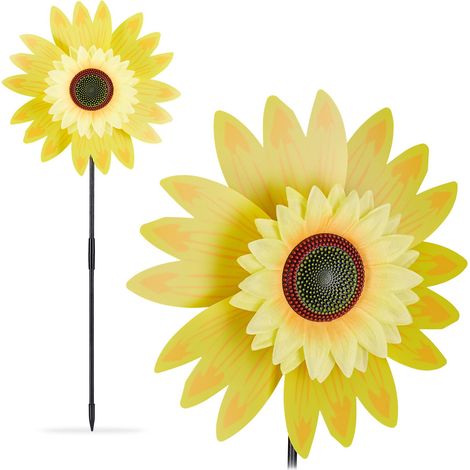 Relaxdays Sunflower Pinwheel, Set of 2, Windmill, Garden, Childrens, Play, Toy, Flowerbed, Plant, Height: 70cm, Yellow (1/5)