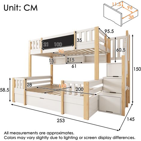 Lit superposé pour 3 enfants 90×200 & 140×200 cm en bois massif blanc naturel,tableau noir,escaliers de rangement,tiroirs et placard,lit mezzanine (1/5)