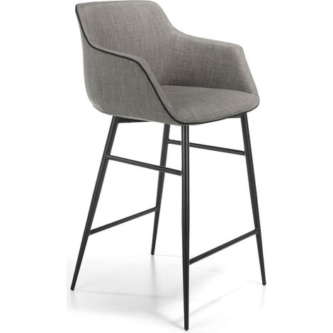 Tabouret de bar rembourré accoudoirs tissu pietement acier peint - Gris, noirr (1/5)