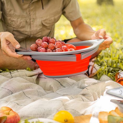Panier à légumes pliable en silicone portable pour la cuisine, avec support, rouge et gris. Filtre à fruits et légumes, égouttoir et panier de lavage portables en silicone avec support. (1/5)