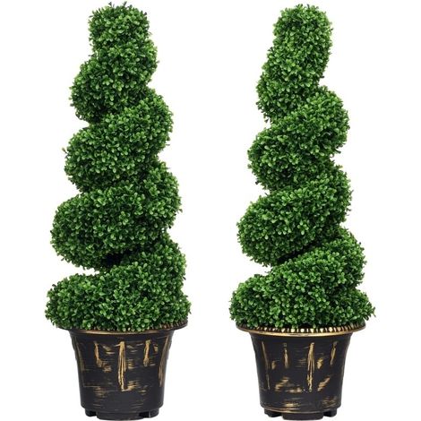 Lot de 2 buis taillés spirales artificiels en pot de 90 cm, décoration végétale pour intérieur et extérieur (1/5)