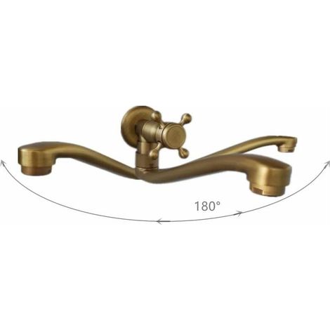 Robinet Antique, Mitigeur de Lavabo Mural en Laiton Rotatif à 180 °, Robinet Froid Long à Tuyau Unique pour Salle de Bains Extérieure Piscine Jardin Cuisine (1/4)