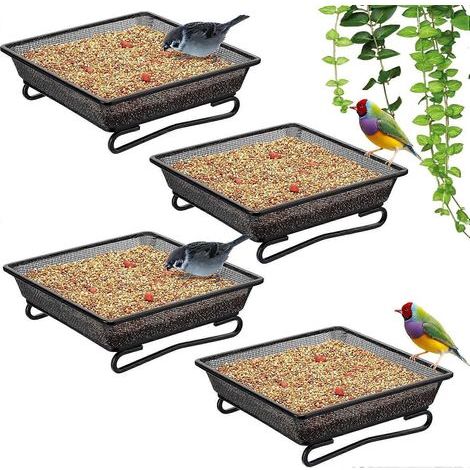 Lot de 4 mangeoires à oiseaux sur plateforme, 18 x 18 x 5,5 cm, plateau de mangeoire carré en métal, mangeoires pour écureuils, plateau à graines en maille résistante à la rouille, attirant les écureu (1/5)