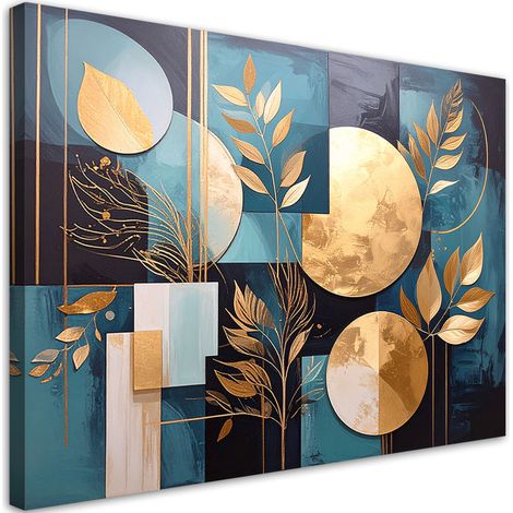 Bild auf Leinwand Türkisfarbene und goldene Abstraktion von Kreisen und Blättern 30x20 (1/5)
