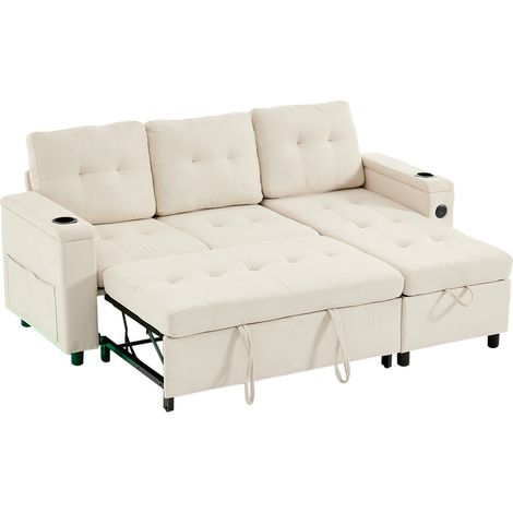 Canapé 3 places convertible 208 x 146 x 89,5 cm, canapé-lit pliant avec rangement dissimulé, canapé d’ambiance avec bande LED, canapé d’angle Treviso, canapé en L, beige (1/5)