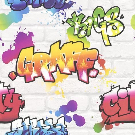 Rasch WHITE GRAFFITI BRICK WALL EFFECT TEENAGE,KIDS ROOM WALLPAPER 272901 (1/3)