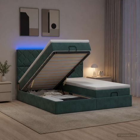 vidaXL Lit coffre avec matelas et LED Vert foncé 180 x 200 cm Velours (1/5)