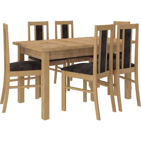 Les Tendances – Ensemble table extensible 140-180cm avec 6 chaises en bois hêtre et tissu noir – Plateau 32mm – Rallonge intégrée pour invités supplémentaires (1/4)