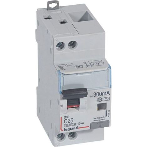 Disjoncteur différentiel monobloc DX³6000 10kA arrivée haute et départ bas à vis U+N 230V - 25A - typeAC 300mA - LEGRAND