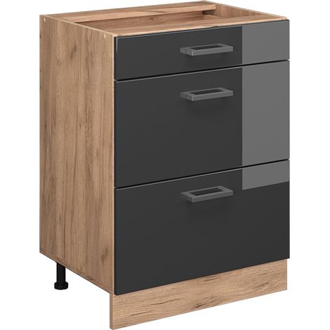 Mueble bajo de cocina R-Line, Antracita alto brillo, 60 cm con cajones, sin encimera, Vicco (1/5)
