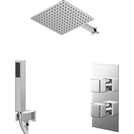 Cubix Polished Chrome Concealed Twin Thermostatic Shower Valve with Diverter and 300mm Square Head with 345mm Wall Arm and Outlet Holder with Kit - 2 Outlet (1/5)