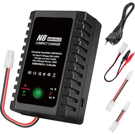 Chargeur pour batteries NiMH/NiCd 2-8S (2,4V-9,6V), chargeur 20W avec connecteur Tamiya/Mini-Tamiya/câble avec pinces crocodiles, compatible avec voiture, bateau, drone, Airsoft (1/5)