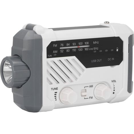 Solarbetriebenes Kurbelradio mit AM/FM-Funktion, USB-Ladefunktion, externem Akku, Notfallwetterradio und LED-Taschenlampe (weiß). (1/5)