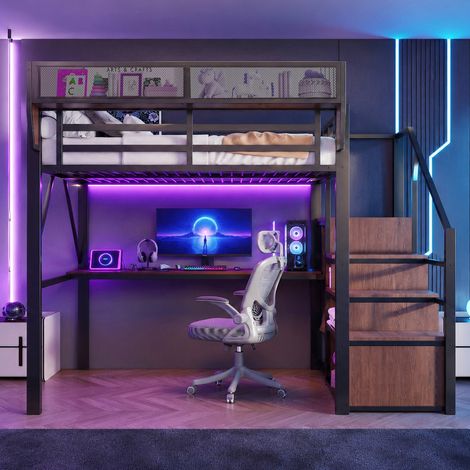 Lit mezzanine 140x200 cm avec LED, long bureau et étagère modulable, structure stable en métal noir (1/5)